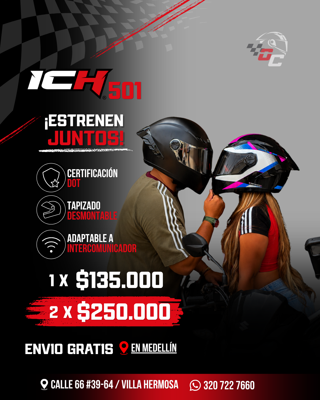 Pareja de motociclistas estrenando cascos ICH 501 integrales en Medellín